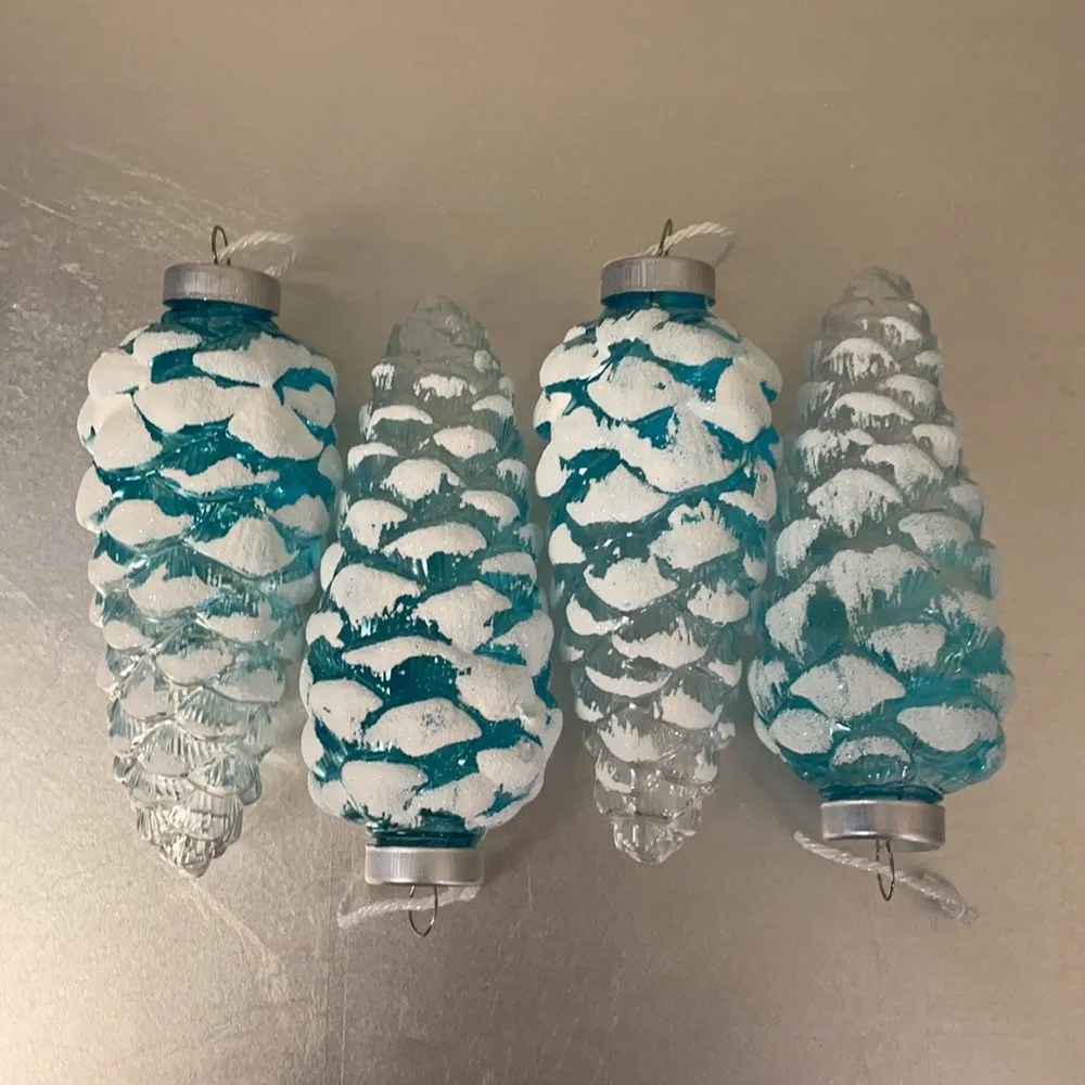 4 Shatterproof Turquoise Glitter-Frosted Pinecone Ornaments